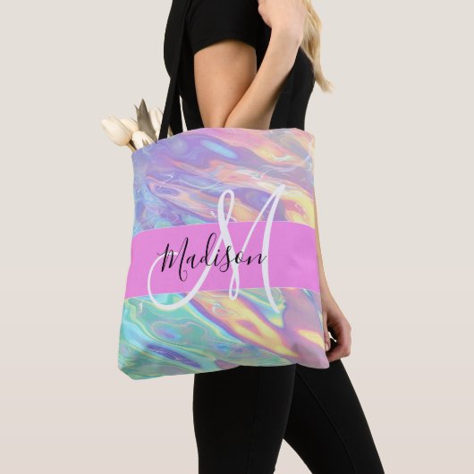 Tote Bag Nom de monogramme holographique iridescent rose fé (De près)
