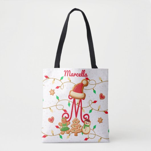 Tote Bag Nom de Noël Monogramme Custom Gingpain Rouge (Devant)