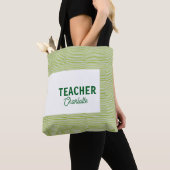 Tote Bag Nom de professeur de bandes blanches et vert citro (De près)