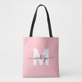 Tote Bag Nom de script élégant rose pâle Monogramme (Devant)