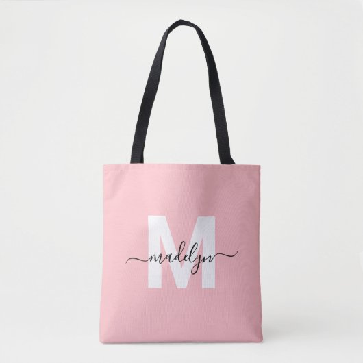 Tote Bag Nom de script élégant rose pâle Monogramme (Devant)