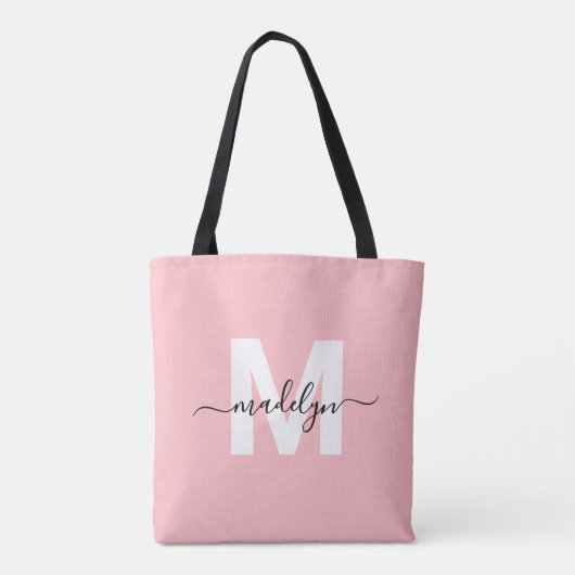 Tote Bag Nom de script élégant rose pâle Monogramme (Dos)