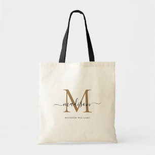 Tote Bag Nom de script initial de monogramme d'or noir tend