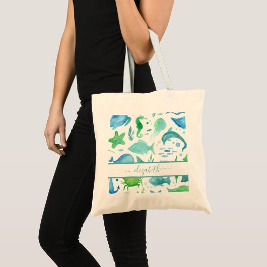 Tote Bag Nom des dauphins de poissons de mer bleu vert (Devant (produit))