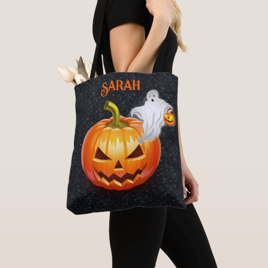 Tote Bag Nom d'Halloween Trick ou traitement Citrouille d'e (De près)