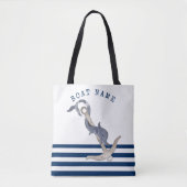 Tote Bag Nom du bateau nautique, Ancre Dauphin Bleu rayé (Devant)