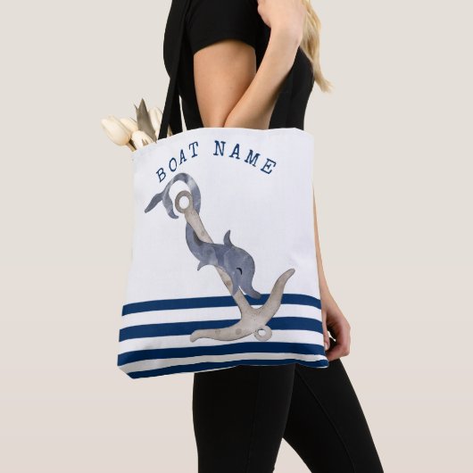 Tote Bag Nom du bateau nautique, Ancre Dauphin Bleu rayé (De près)