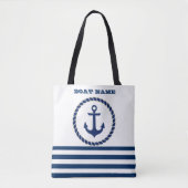 Tote Bag Nom du bateau nautique, Ancre Marine Bleu rayé (Devant)