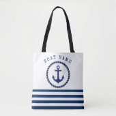 Tote Bag Nom du bateau nautique, Ancre Marine Bleu rayé (Devant)