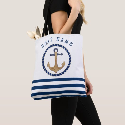 Tote Bag Nom du bateau nautique, Ancre rétro Marine Bleu ra (De près)