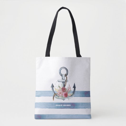 Tote Bag Nom du bateau nautique, Fleurs d'Ancres rayures (Devant)