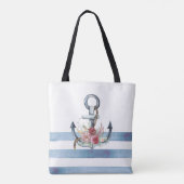 Tote Bag Nom du bateau nautique, Fleurs d'Ancres rayures (Dos)