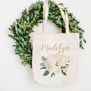 Tote Bag Nom du bouquet de verdure de rose ivoire élégant