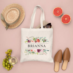 Tote Bag Nom du bouquet floral rose burgundy élégant
