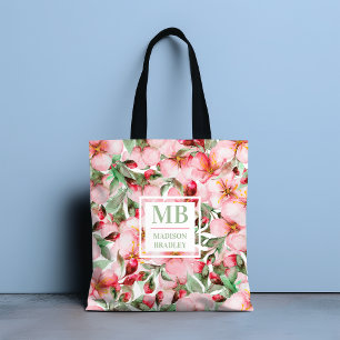 Tote Bag Nom du monogramme Aquarelle de la fleur de cerisie