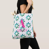 Tote Bag Nom du monogramme Aquarelle florale rose vert rétr (De près)