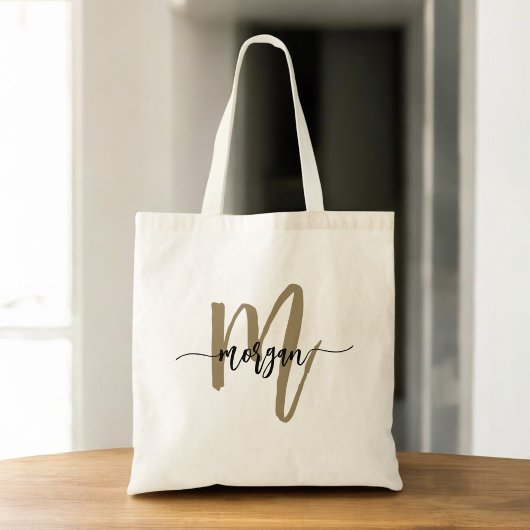 Tote Bag Nom du monogramme Black Gold Modern Script
