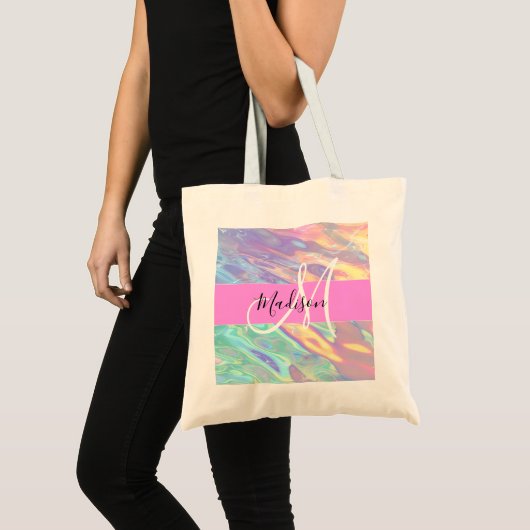 Tote Bag Nom du monogramme d'iridescendance rose-fille (Devant (produit))