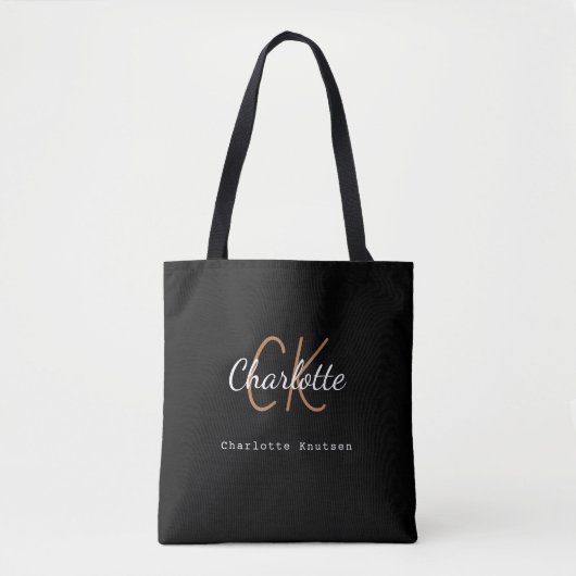 Tote Bag Nom du monogramme en or noir - écriture initiale (Devant)
