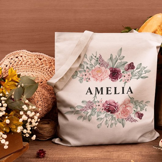 Tote Bag Nom du monogramme floral rose et bourguignonne