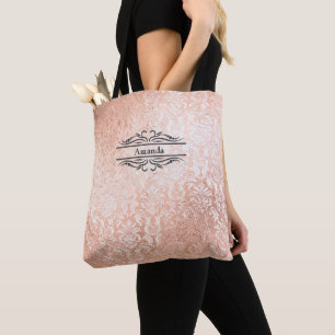 Tote Bag Nom du monogramme Initiales Rose Gold Damask Bride