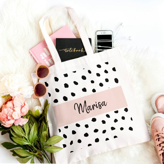 Tote Bag Nom du monogramme moderne | Points rose et noir Pa