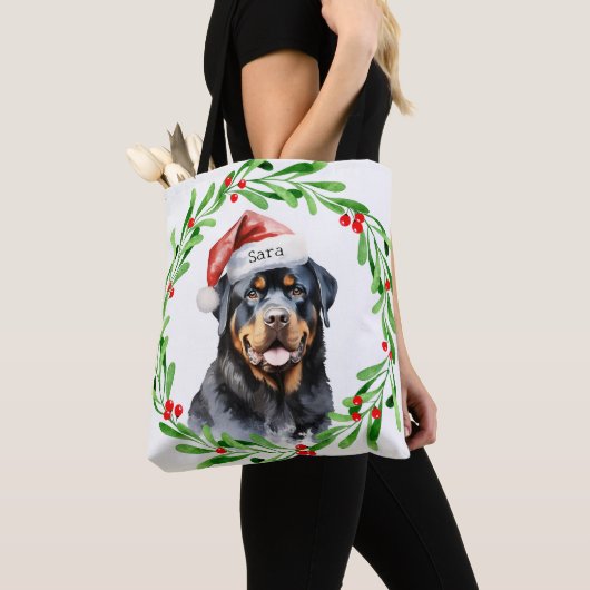 Tote Bag Nom du monogramme personnalisé de Noël Rottweiler (De près)