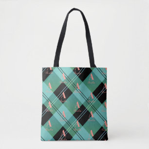 Tote Bag Nom du monogramme Plaid vert rose