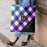 Tote Bag Nom du monogramme rose violet de Buffalo<br><div class="desc">Sac fourre-tout personnalisé avec un buffle cool cochez un motif plaid dans les couleurs violet, rose, bleu et noir avec un monogramme et nom dans votre choix de polices de texte styles et couleurs. Ajoutez un nom ou supprimez l'exemple de texte pour laisser la zone vide dans le coin noir...</div>