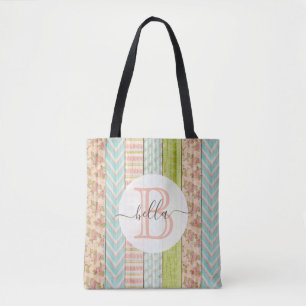 Tote Bag Nom du monogramme Roses de Shabby sur le chalet ru