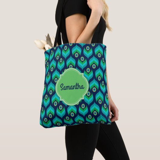Tote Bag Nom du Motif de plume de paon moderne (De près)
