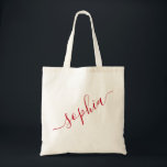 Tote Bag Nom du script Rouge Simple Moderne Personnalisé<br><div class="desc">Sac cabas réutilisable en toile de luxe, personnalisé avec une étiquette rouge et un texte personnalisé pour les cadeaux de demoiselles d'honneur, les enterrements de vie de jeune fille, les faveurs d'anniversaire et les souvenirs de voyage entre filles, ainsi que les cadeaux de fin d'études pour un stockage élégant dans...</div>