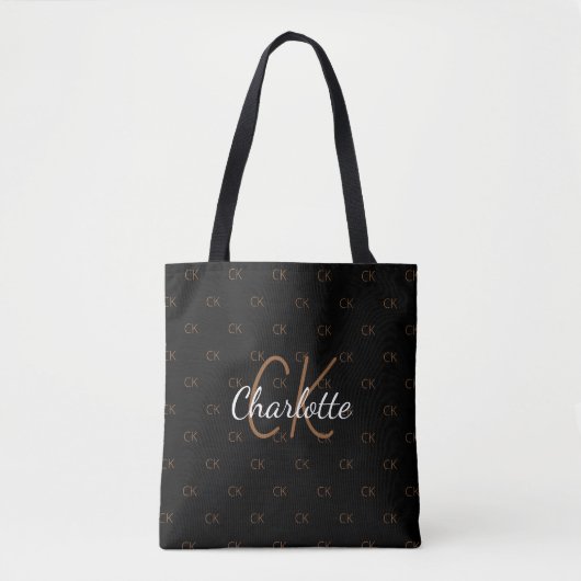 Tote Bag Nom élégant de monogramme de paillettes d'or noir (Devant)