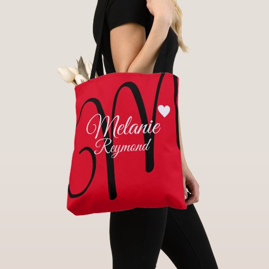 Tote Bag nom et coeur d'amour initial rouge (De près)