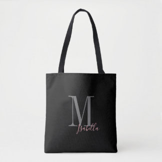 Tote Bag Nom et monogramme noir simple personnalisé