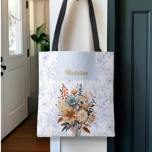 Tote Bag Nom floral bleu élégant