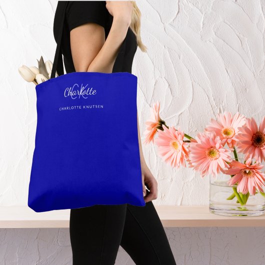 Tote Bag Nom initial du monogramme blanc bleu royal