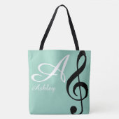 Tote Bag Nom, initiale et noire clé triée musique turquoise (Devant)