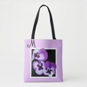Tote Bag Nom M personnalisable monogramme violet fleuri boh