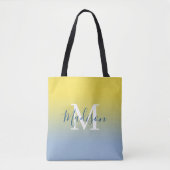 Tote Bag Nom moderne Monogramme Jaune à bleu clair Gradient (Devant)