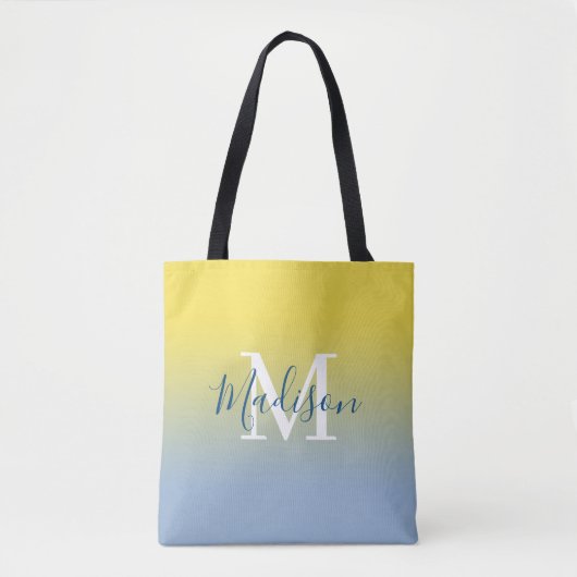 Tote Bag Nom moderne Monogramme Jaune à bleu clair Gradient (Devant)