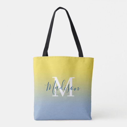 Tote Bag Nom moderne Monogramme Jaune à bleu clair Gradient (Dos)