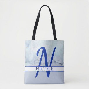 Tote Bag Nom/Monogramme Aquarelle bleue