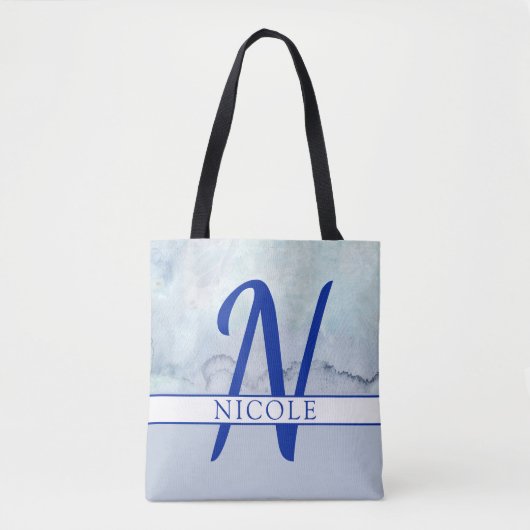 Tote Bag Nom/Monogramme Aquarelle bleue (Devant)