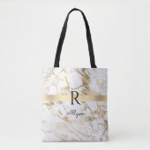 Tote Bag Nom & Monogramme, Barre Dorée, Marbre Blanc Et Dor (Devant)