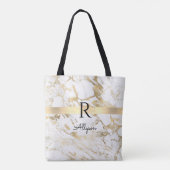 Tote Bag Nom & Monogramme, Barre Dorée, Marbre Blanc Et Or (Dos)