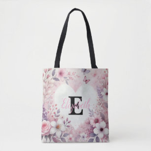 Tote Bag Nom monogramme coeur floral amoureux aquarelle