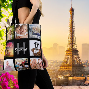 Tote Bag Nom monogramme du collage photo noir