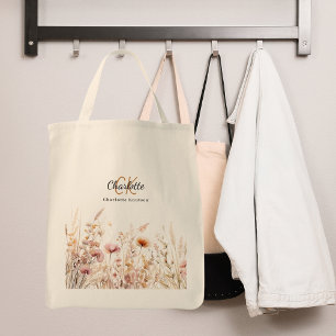 Tote Bag Nom monogramme fleur sauvage beige rose