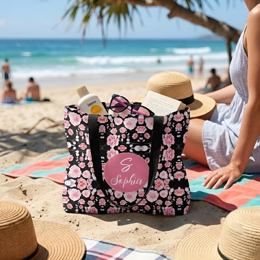 Tote Bag Nom monogrammé floral aquarelle rose élégant